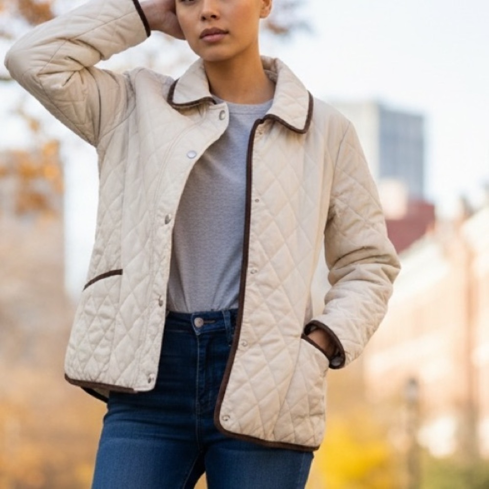 Cream Beige Quilted Chore Jacket Equestrian Preppy Cozy Lined Women’s Size M